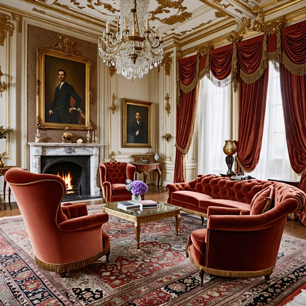 Elegante salón de estilo victoriano con detalles dorados y cortinas rojas.