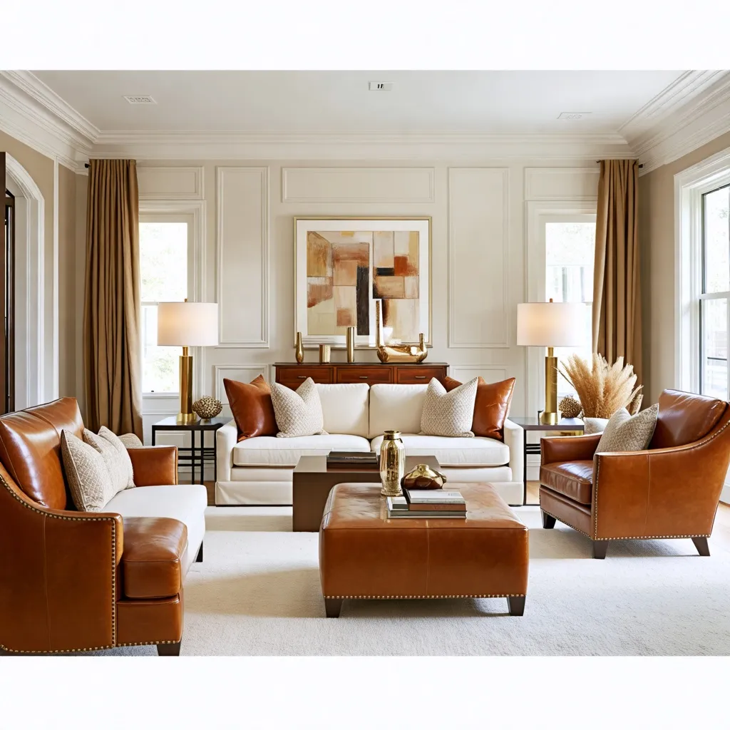 Elegante salón con muebles de cuero y detalles decorativos.