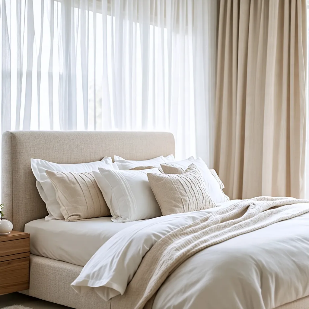 Elegante y serena habitación con cortinas y sábanas blancas.