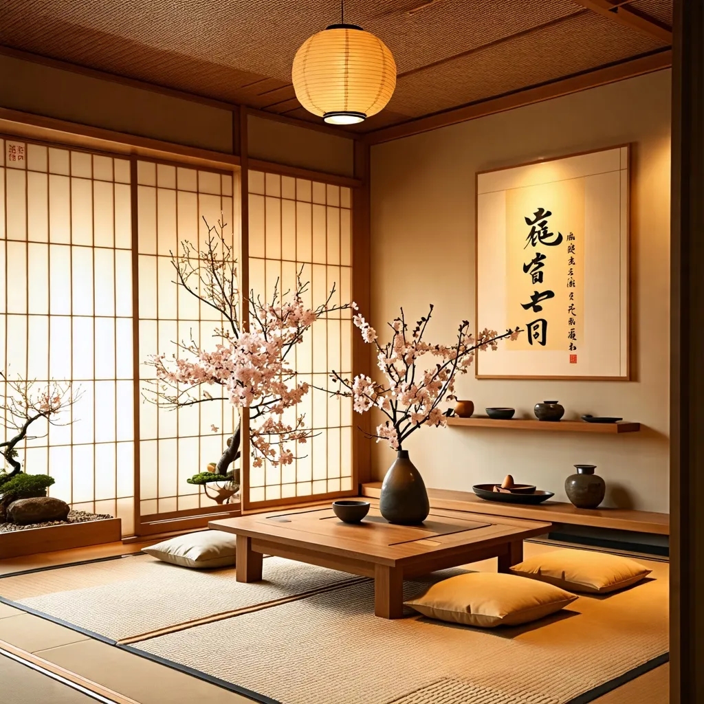 Elegante y sereno interior japonés con flores de cerezo y caligrafía.