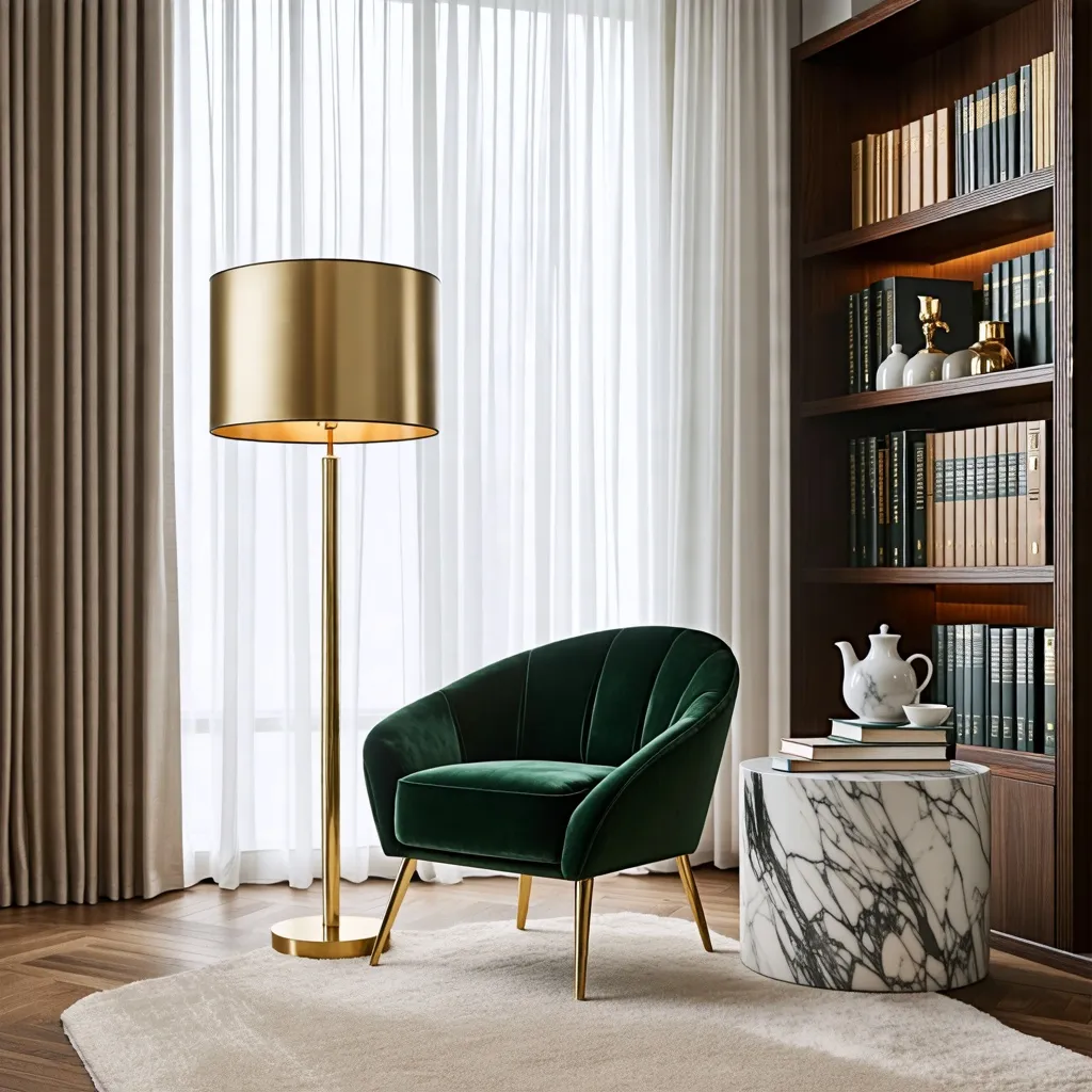 Elegante sillón verde y lámpara dorada en sala de estar moderna.