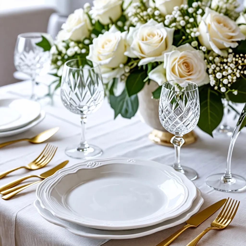 Elegante y sofisticada mesa de cena con flores blancas.