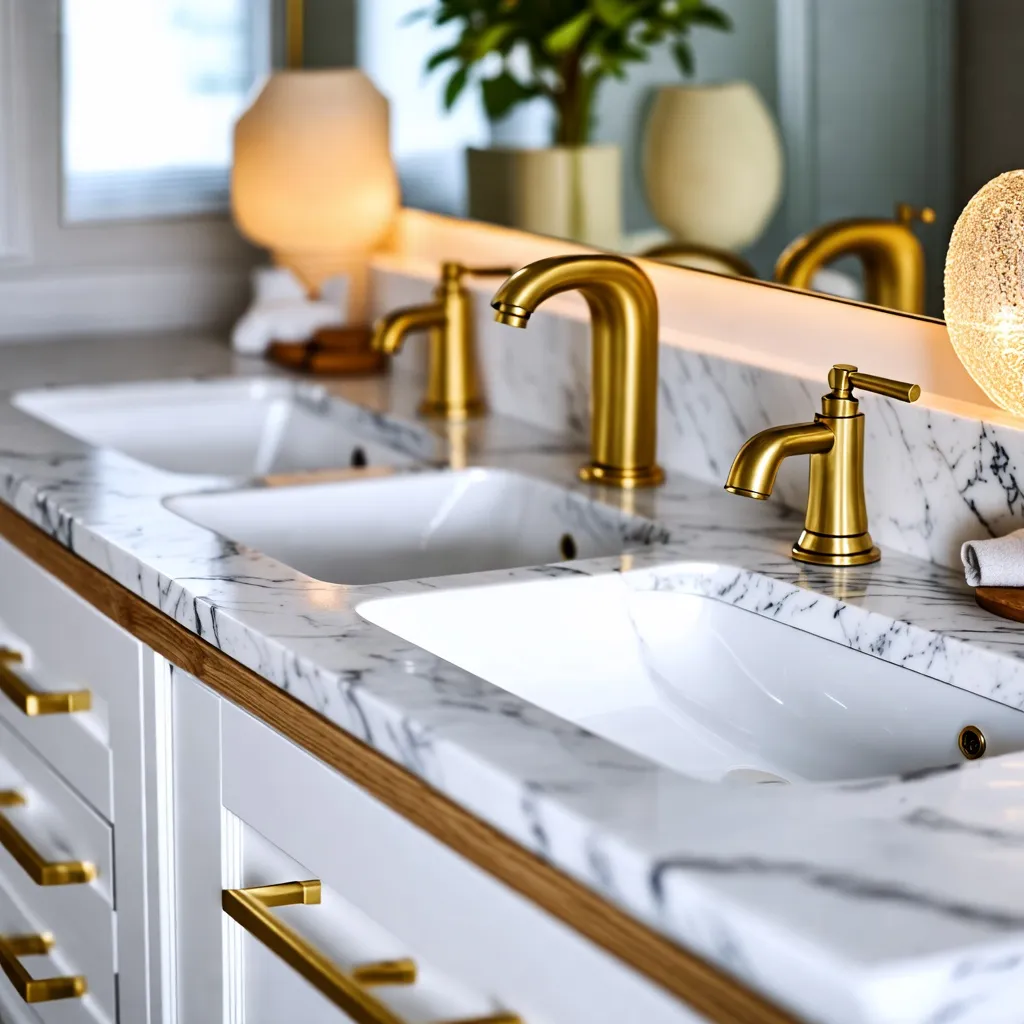 Elegante tocador de baño con detalles dorados y mármol.