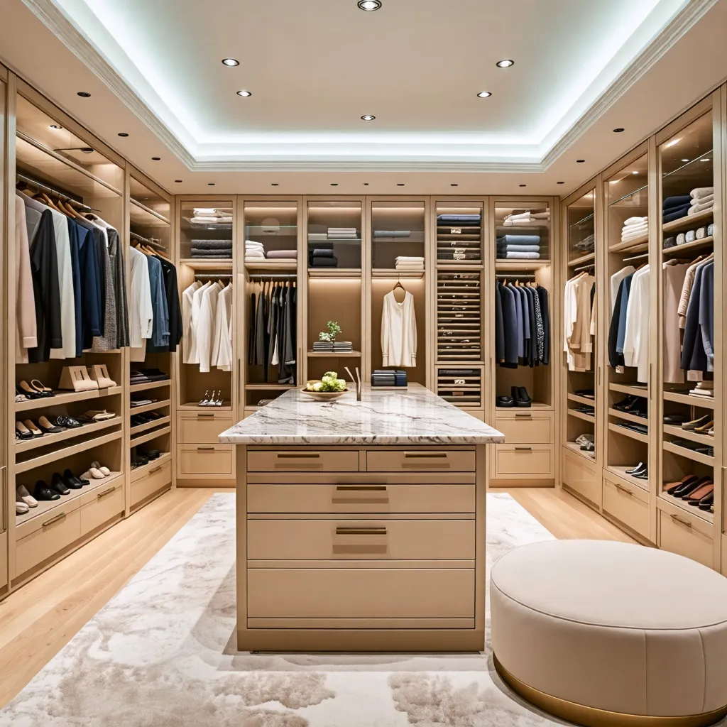 Elegante vestidor con diseño moderno y organizado para un estilo de vida lujoso.