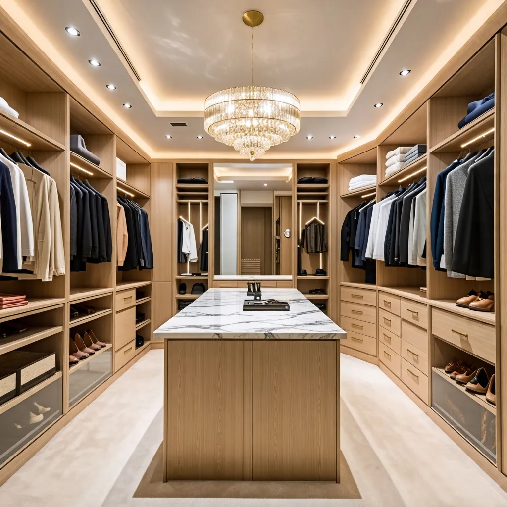 Elegante vestidor de lujo con iluminación y diseño de interiores.