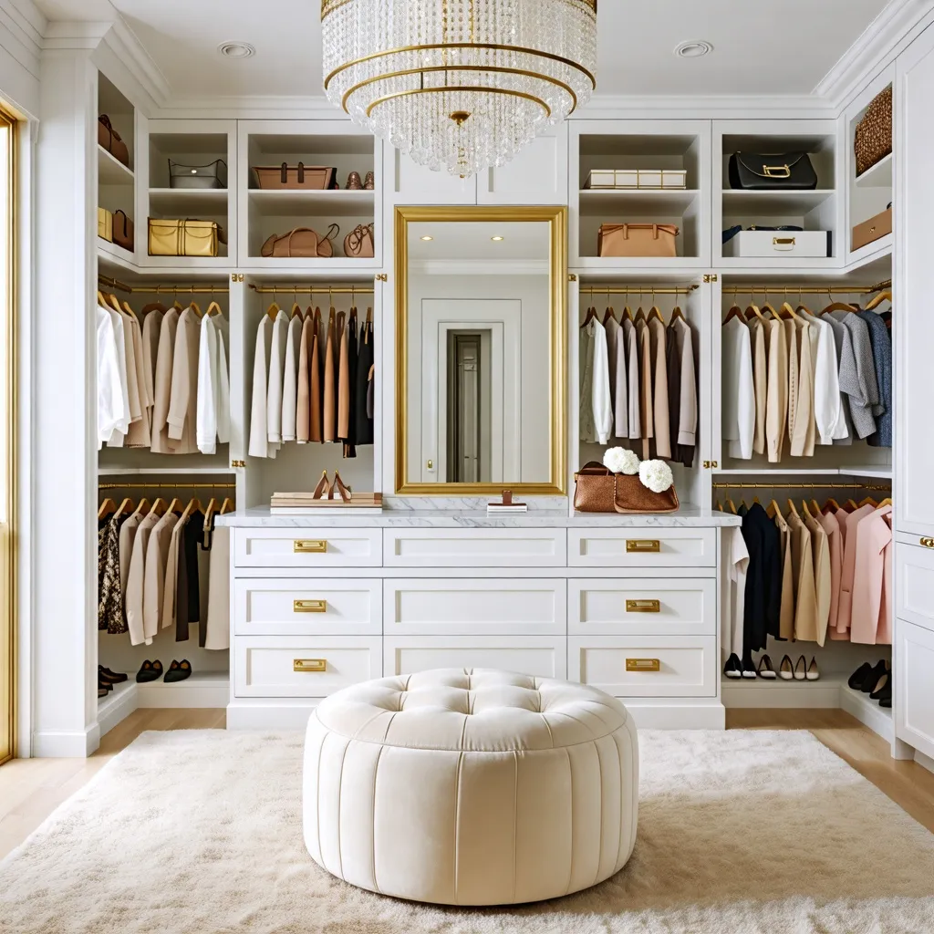 Elegante vestidor de lujo con iluminación y organización impecables.