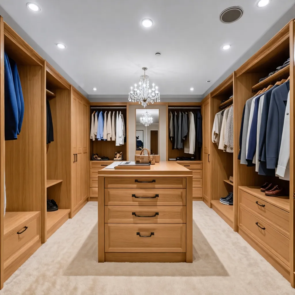 Elegante vestidor de madera con iluminación y accesorios de lujo.