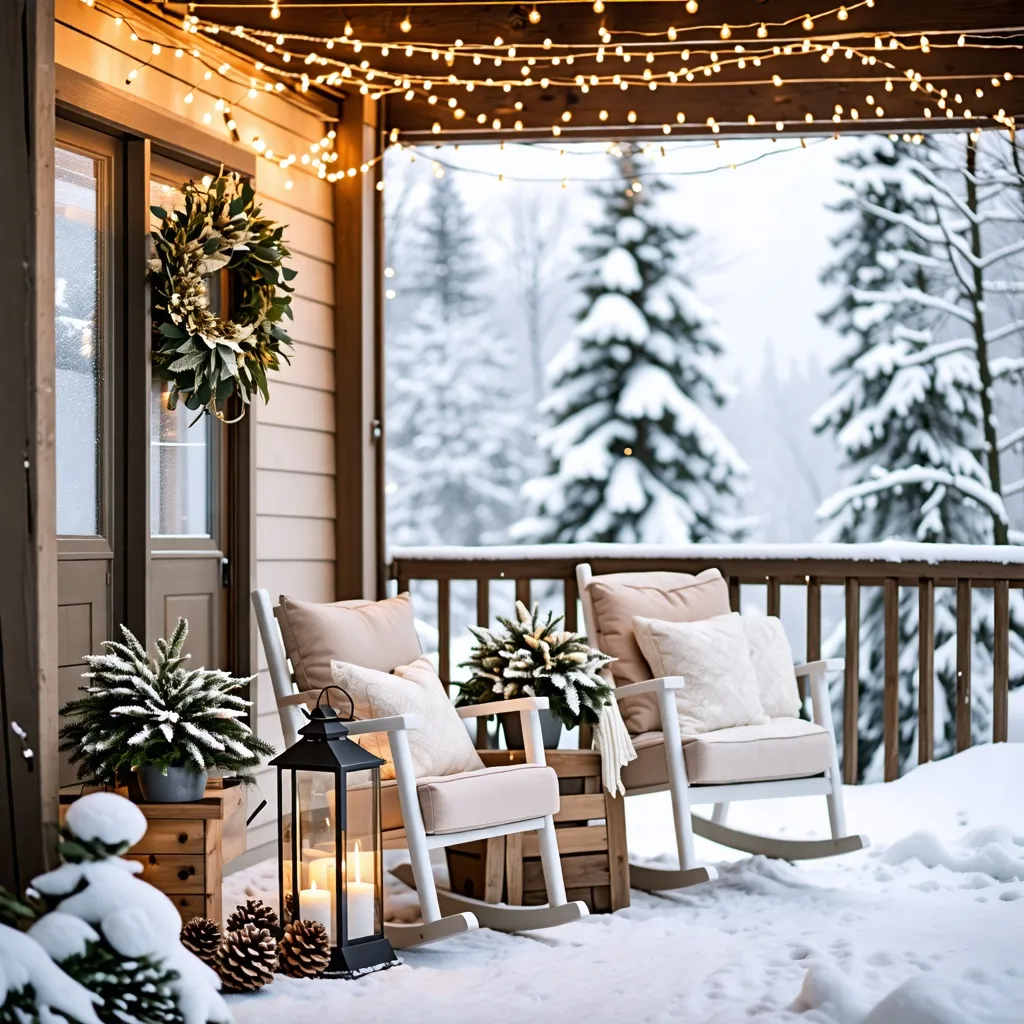 Encantadora cabaña invernal con luces y decoración festiva.