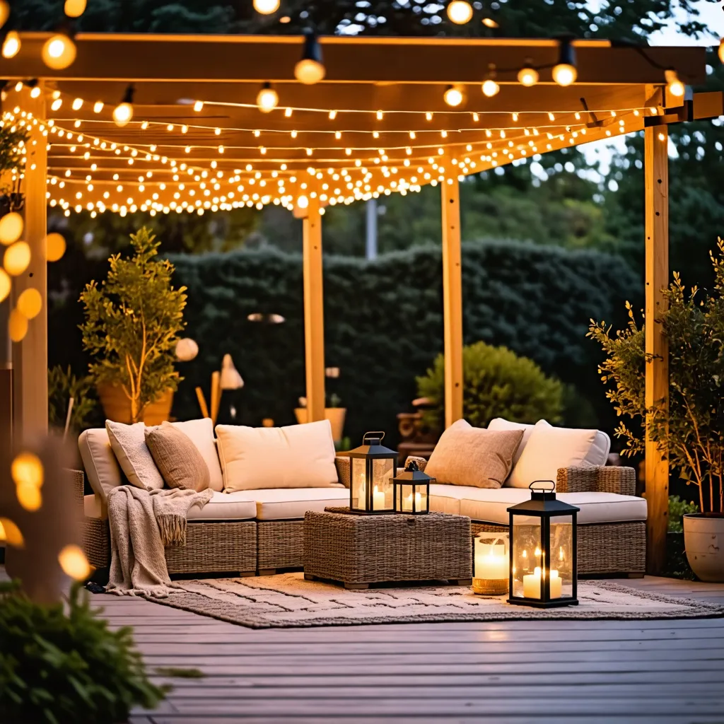 Encantadora terraza con luces cálidas y acogedora decoración.