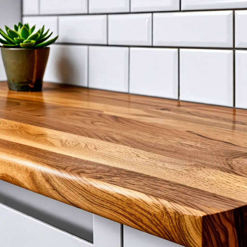 Encimera de madera natural en cocina moderna con planta suculenta.