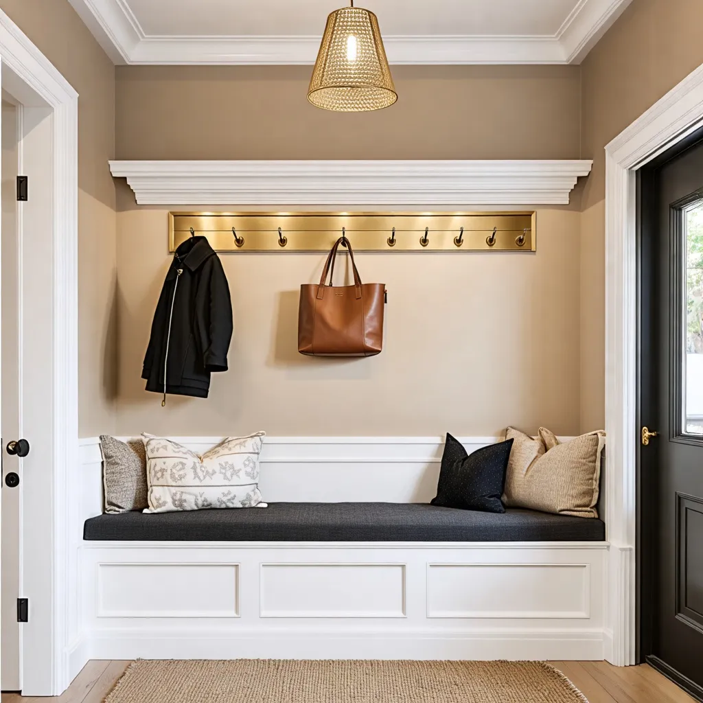 Entrada acogedora y elegante con detalles en dorado y madera.