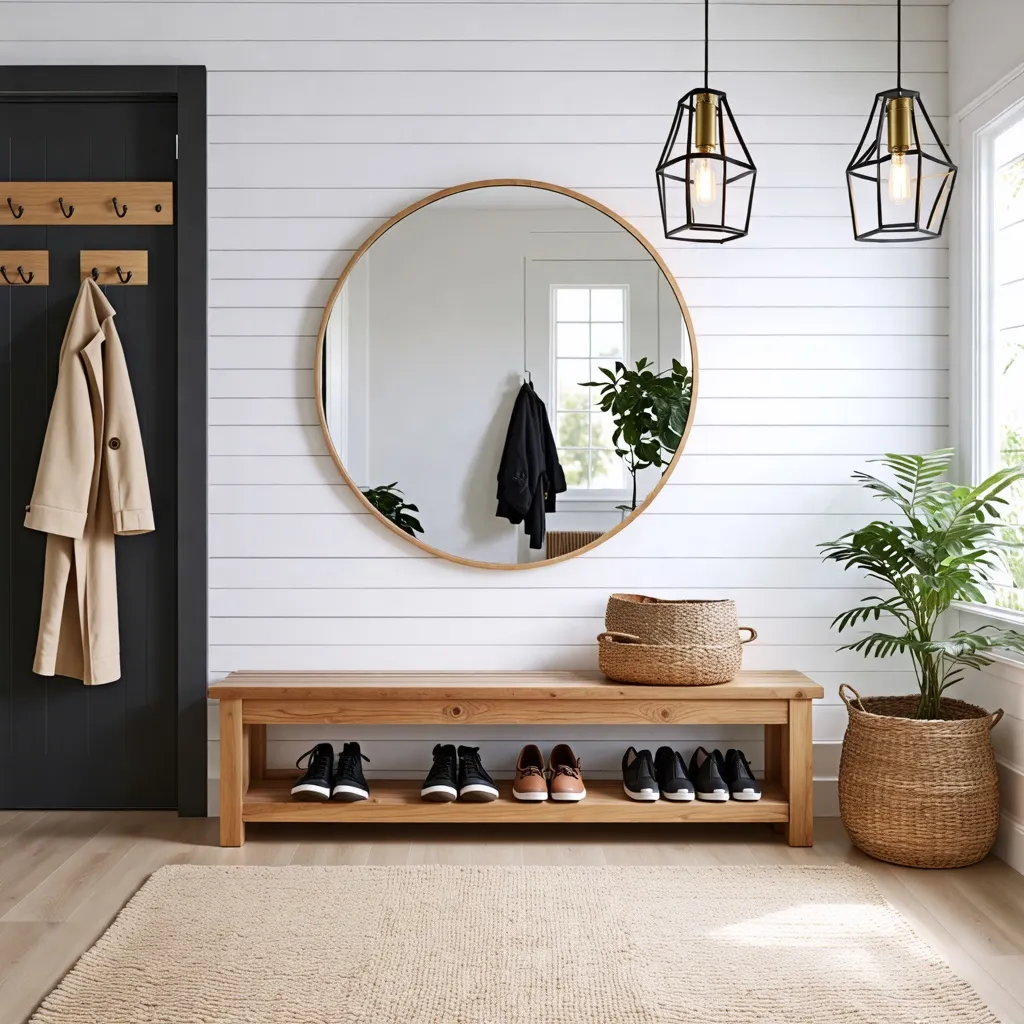Entrada acogedora y luminosa con espacio para calzado y abrigos.