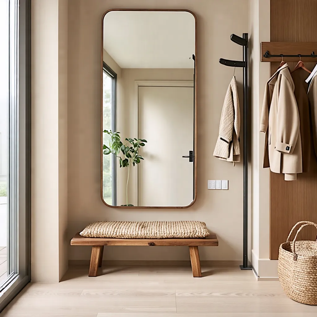 Entrada elegante y acogedora con espejo y banco de madera.