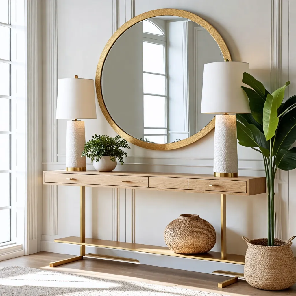 Elegante y luminoso espacio de entrada con espejo dorado y detalles naturales.