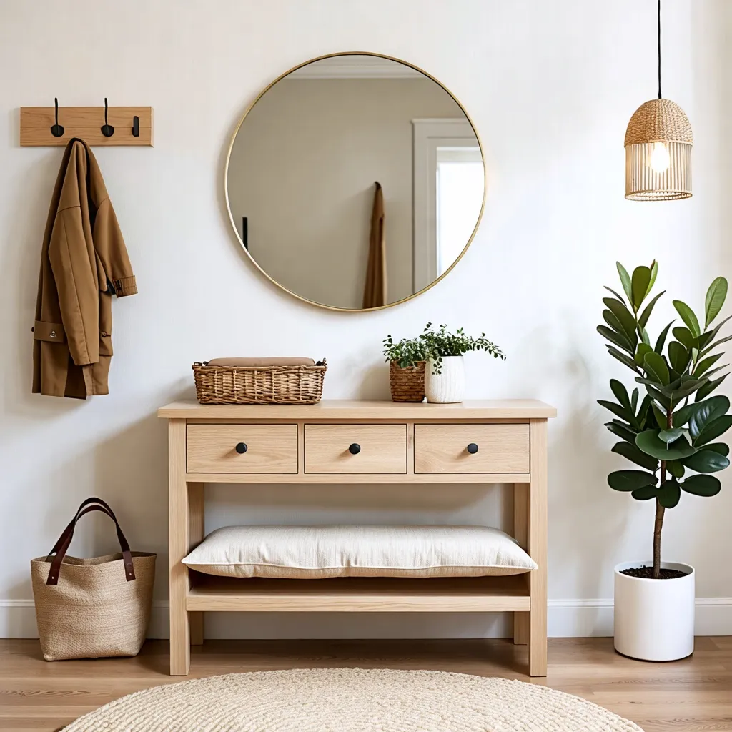 Entrada de estilo escandinavo con espejo y plantas decorativas.