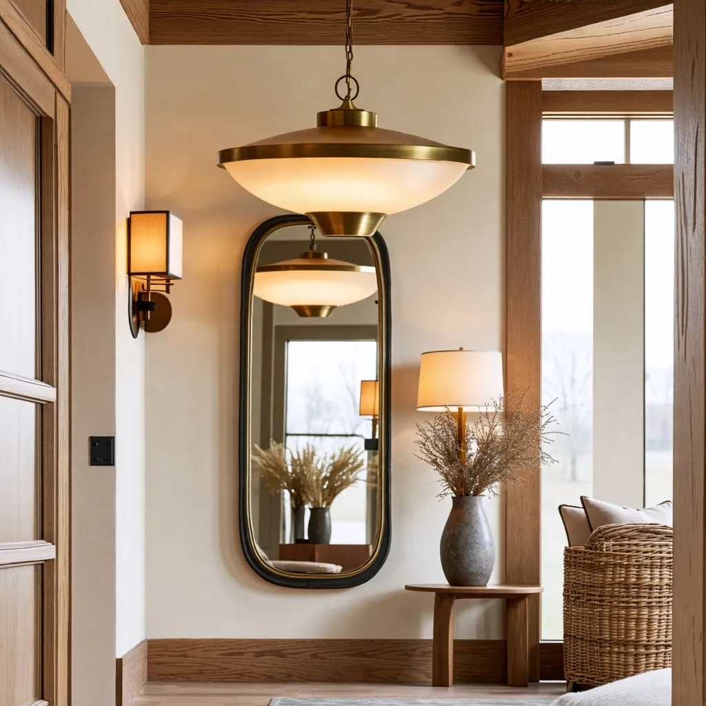 Elegante entrada con iluminación cálida y detalles rústicos.