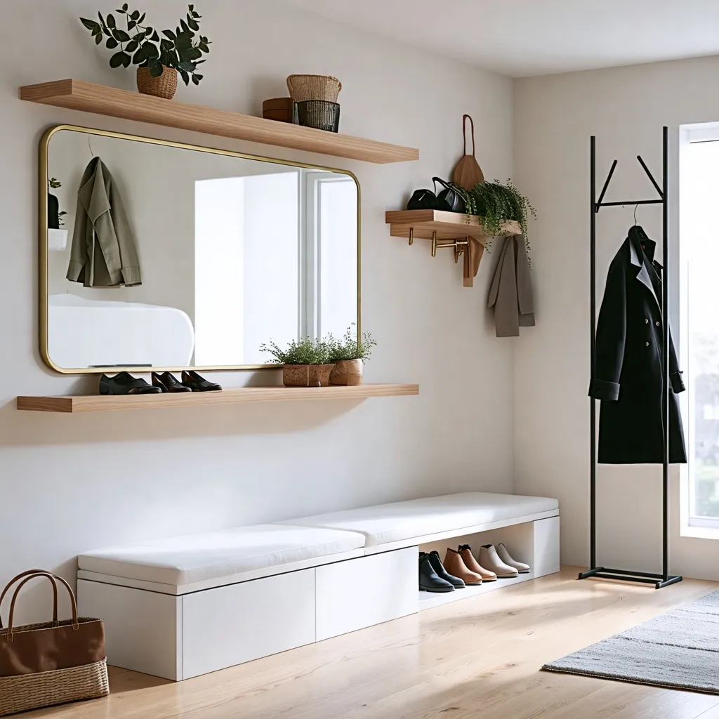Entrada de lujo con espacio de almacenamiento y decoración minimalista.
