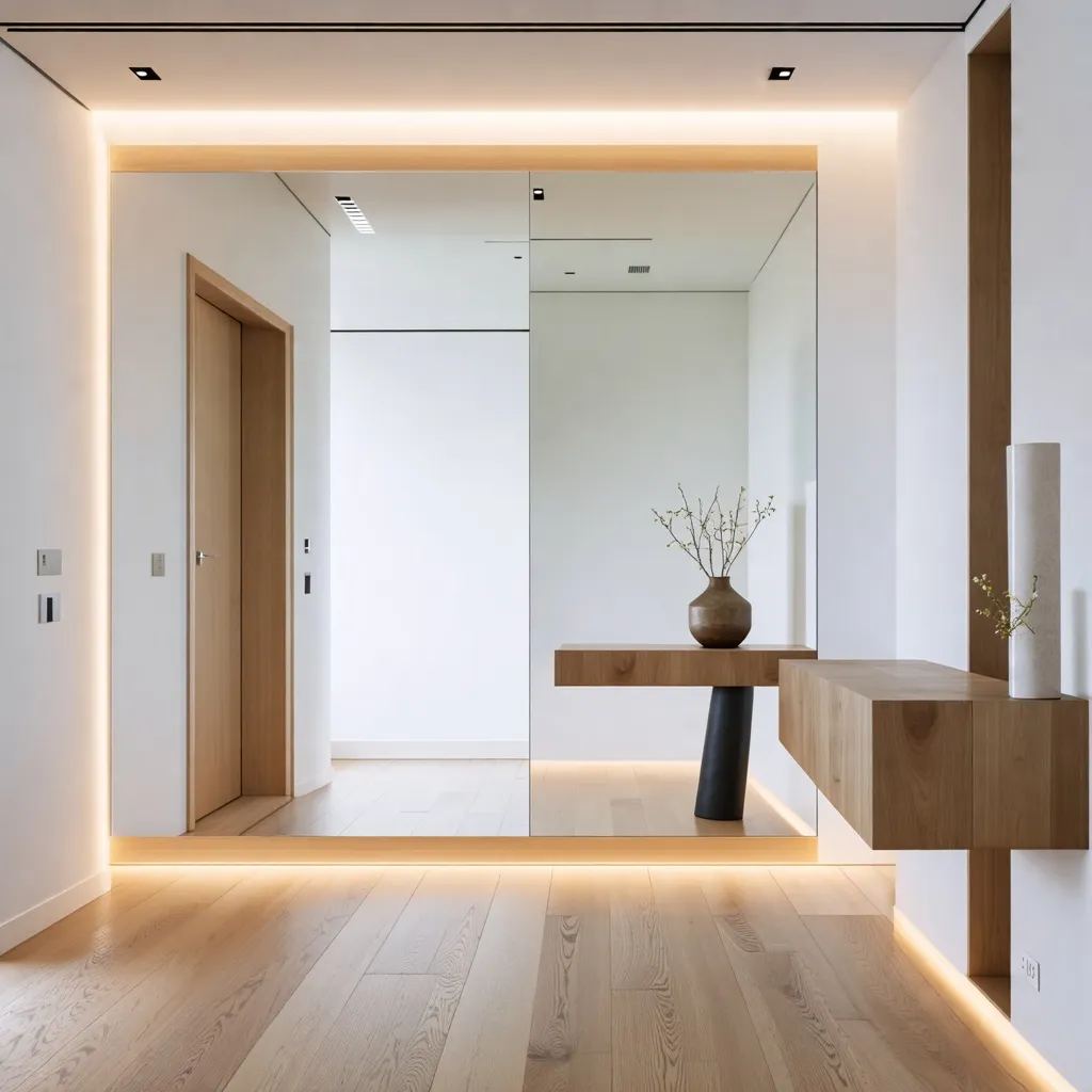 Entrada de lujo minimalista con detalles de madera y luz natural.