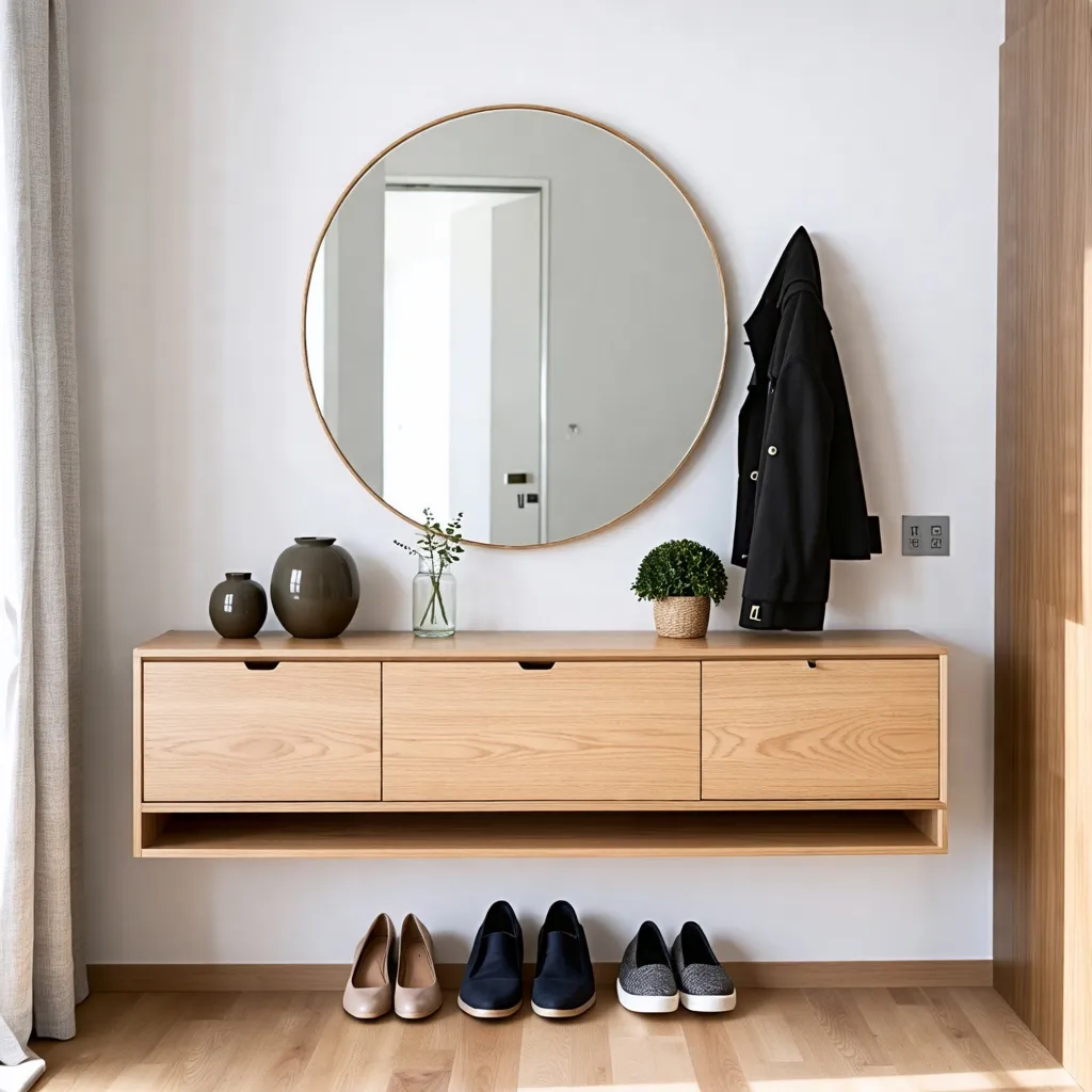 Entrada minimalista y elegante con espejo redondo y mueble de madera.