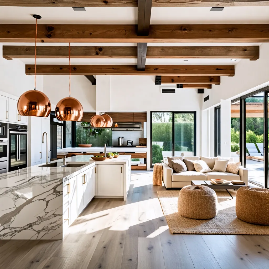 Espacio abierto y luminoso con detalles de madera y cobre.