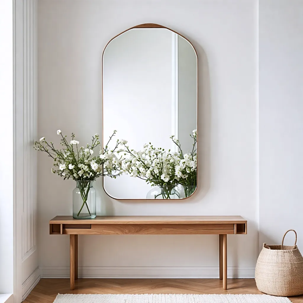 Espacio acogedor con espejo y flores blancas - Decoración minimalista y elegante.