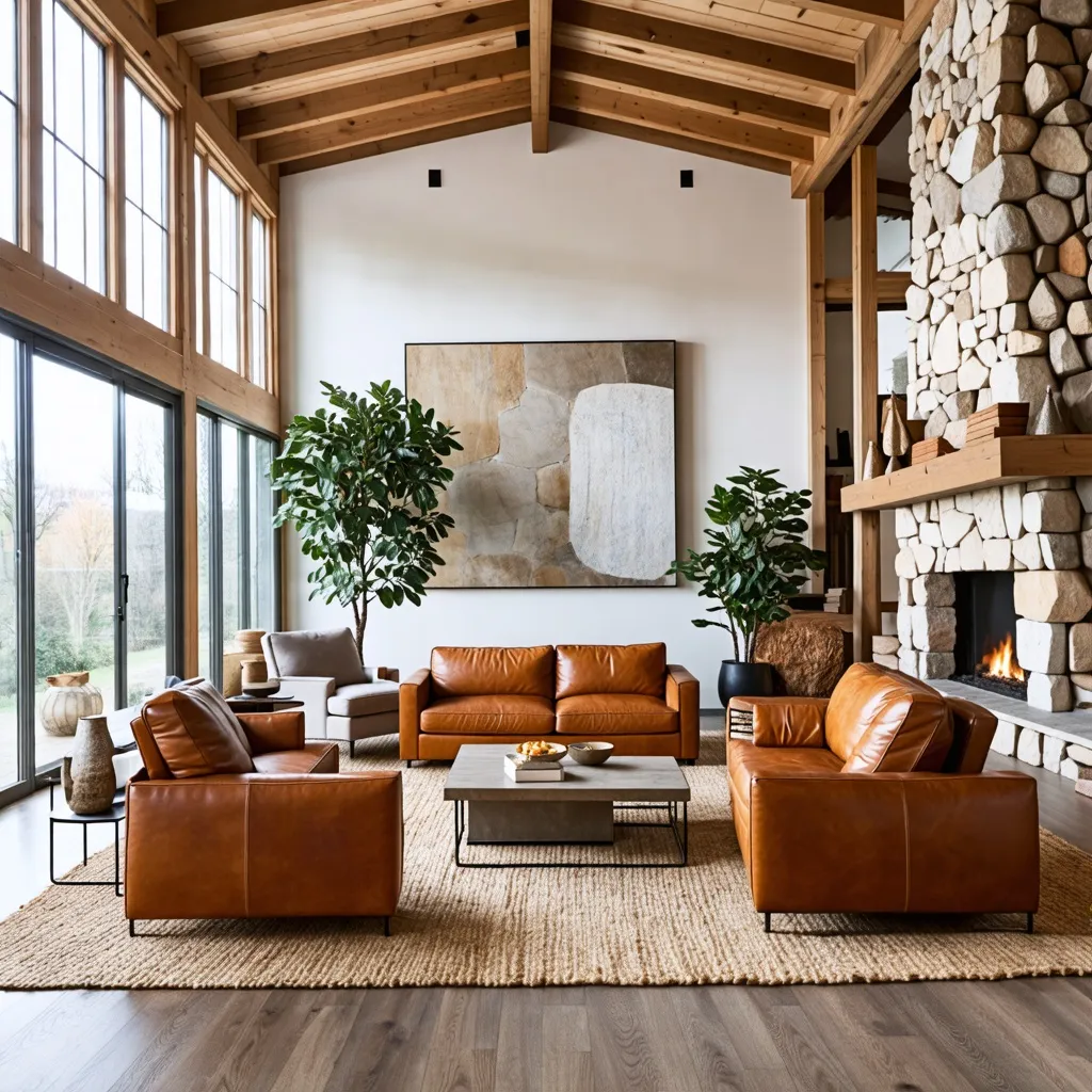 Espacio acogedor y natural con muebles de cuero y chimenea.