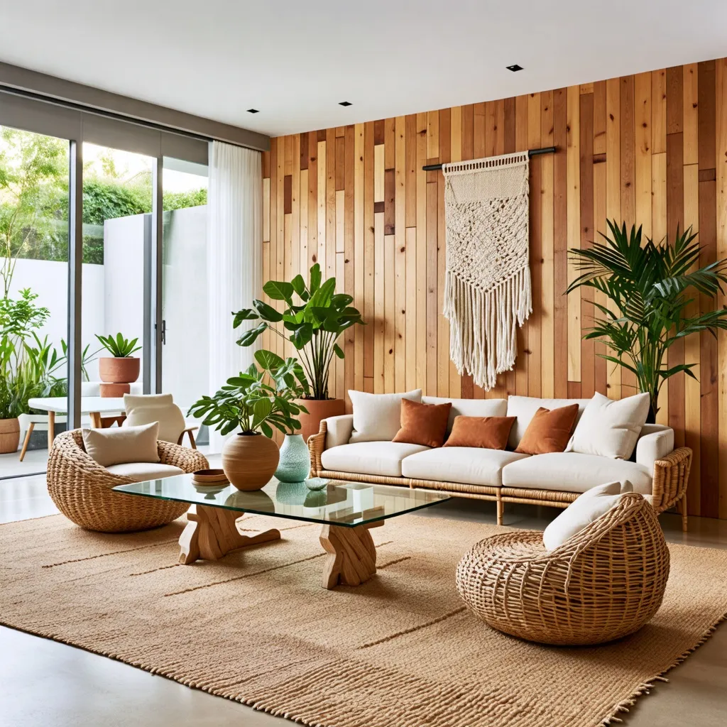 Espacio acogedor y natural con muebles de madera y texturas.
