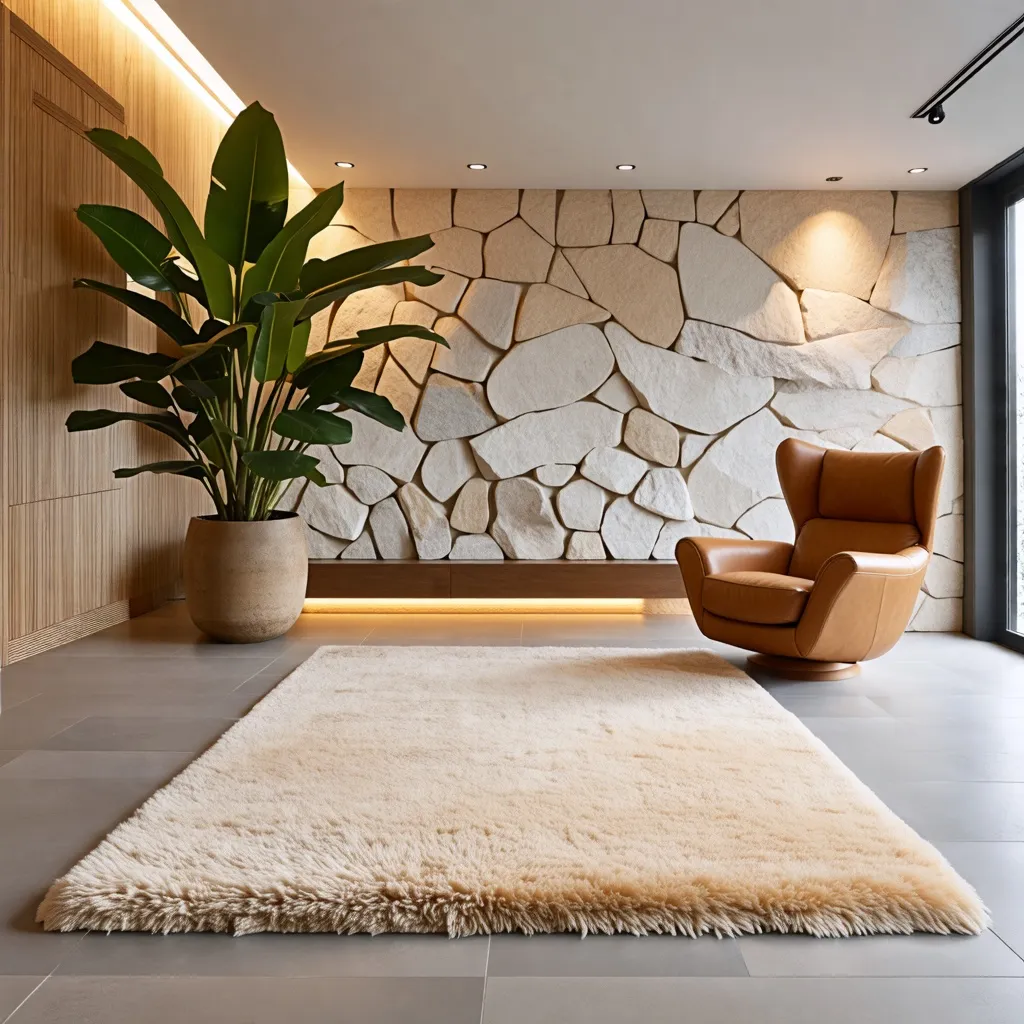 Espacio acogedor y natural con pared de piedra y muebles de diseño.