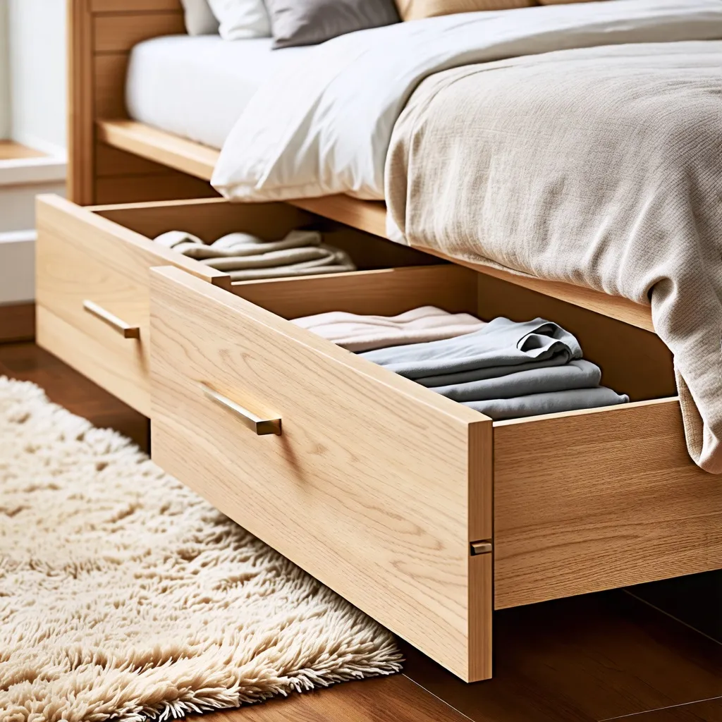 Espacio de almacenaje bajo la cama, diseño minimalista y acogedor.