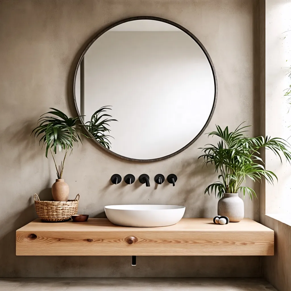 Espacio de baño minimalista y natural con espejo redondo.