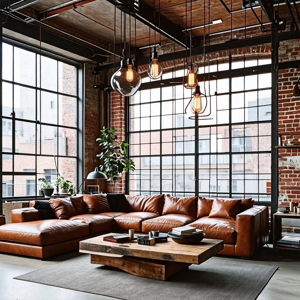 Espacio de diseño industrial con sofá de cuero y decoración rústica.