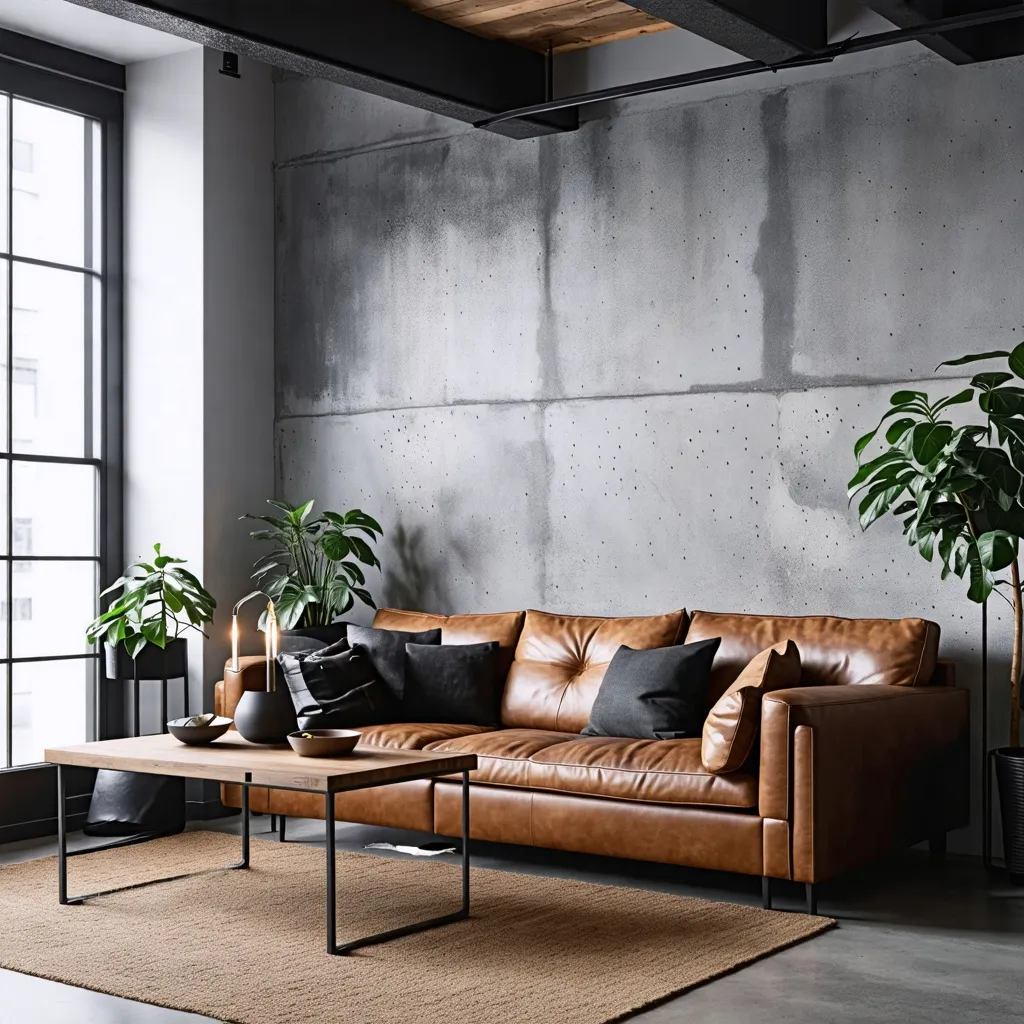 Espacio de diseño moderno y acogedor con sofá de cuero.