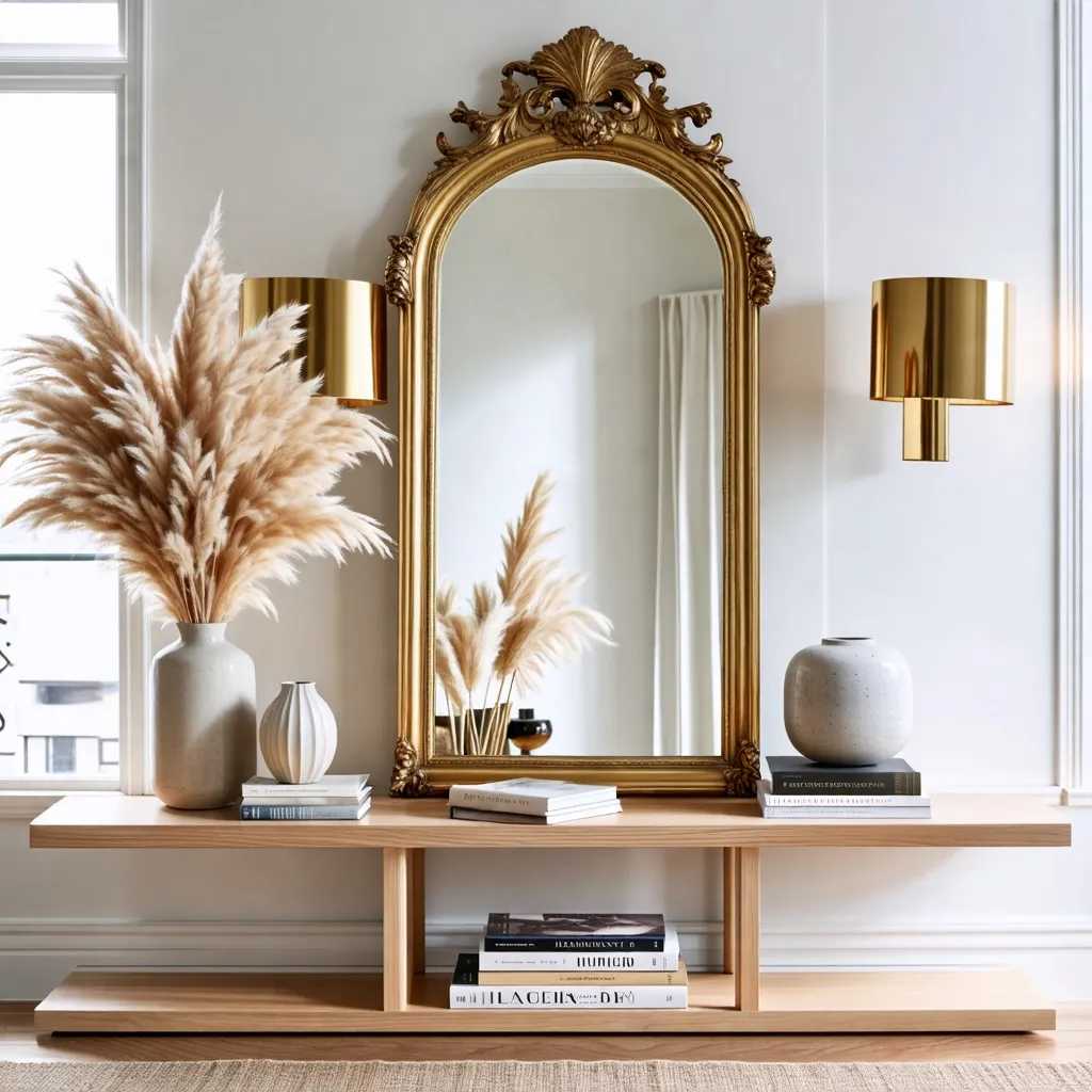 Espacio elegante con espejo dorado y decoración minimalista.