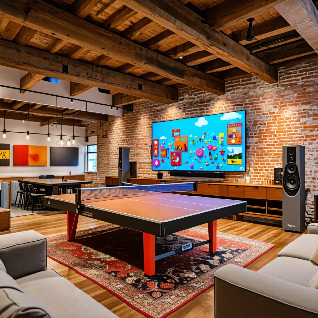 Espacio de entretenimiento moderno con mesa de ping pong y pantalla grande.