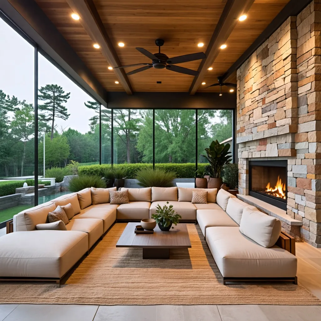 Espacio exterior acogedor con chimenea y muebles cómodos.