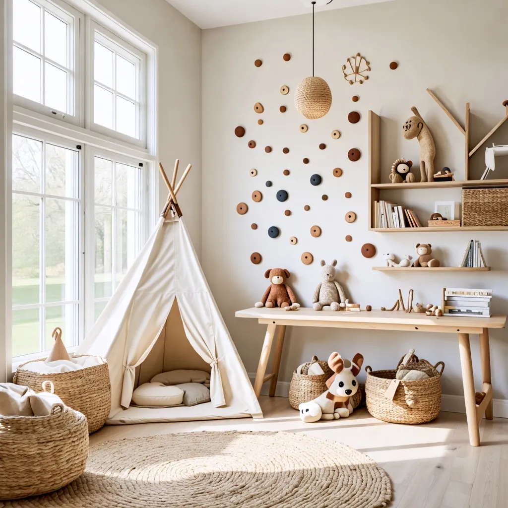 Espacio infantil acogedor con decoración natural y juguetes de peluche.