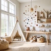 Espacio infantil acogedor con decoración natural y juguetes de peluche.