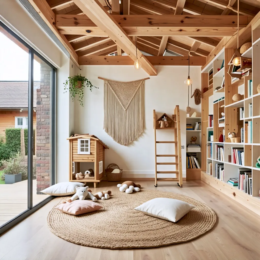 Espacio lúdico y acogedor en madera y textiles naturales.