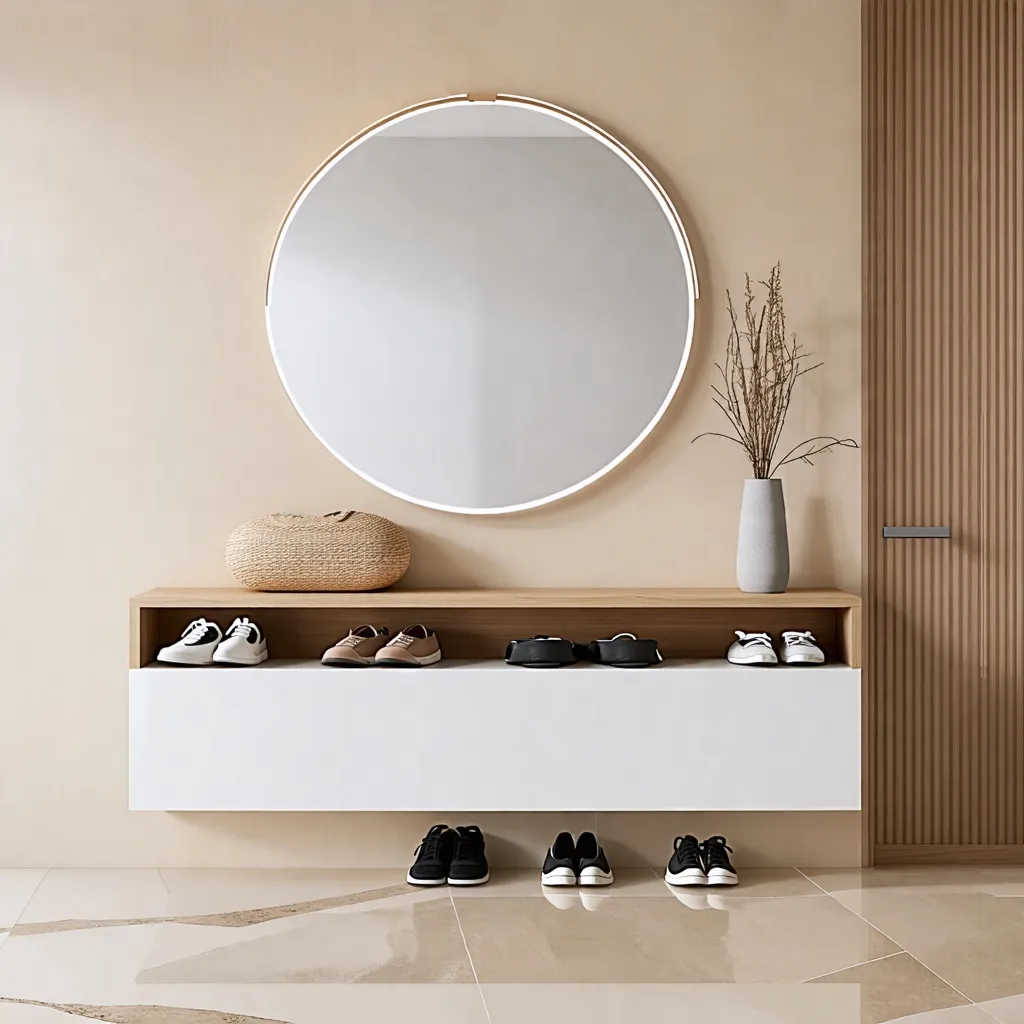 Espacio minimalista y acogedor con espejo y zapatero.