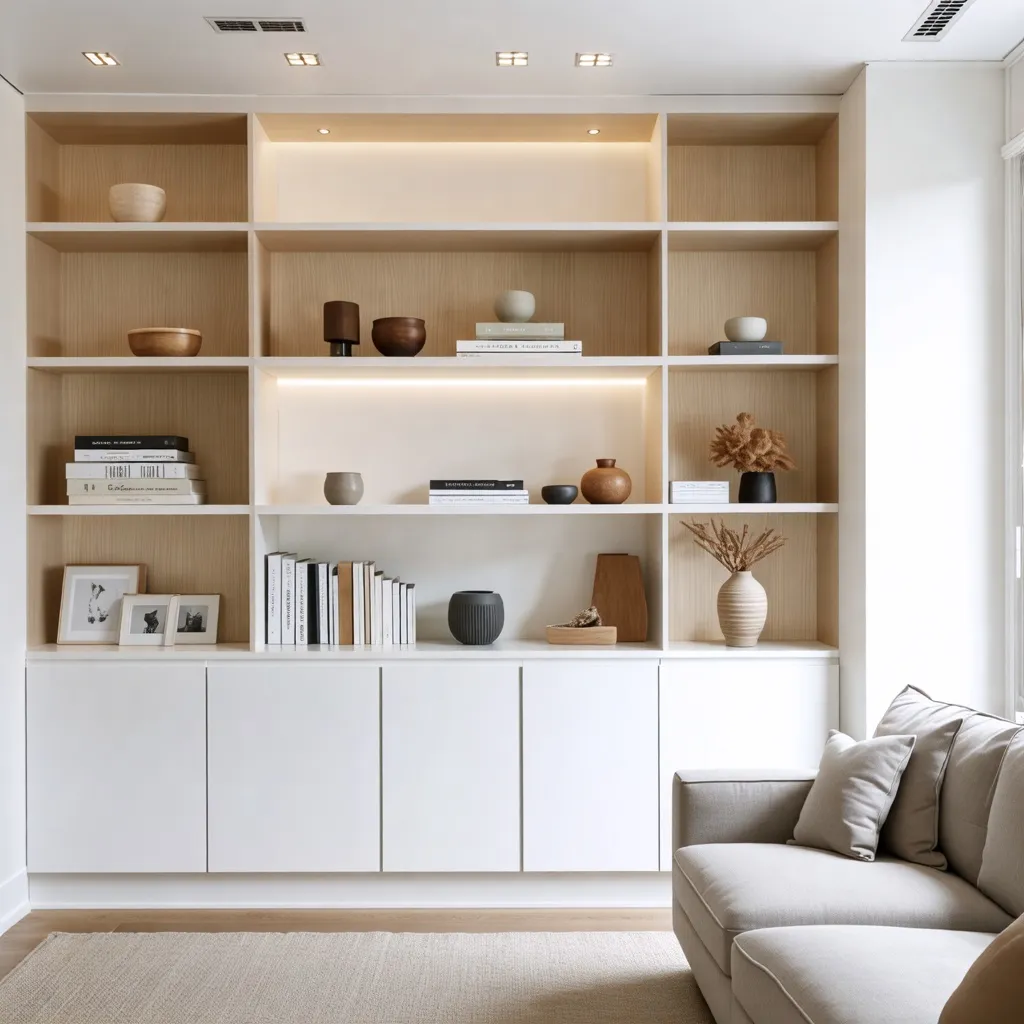 Espacio minimalista y acogedor con estantería de madera y decoración.