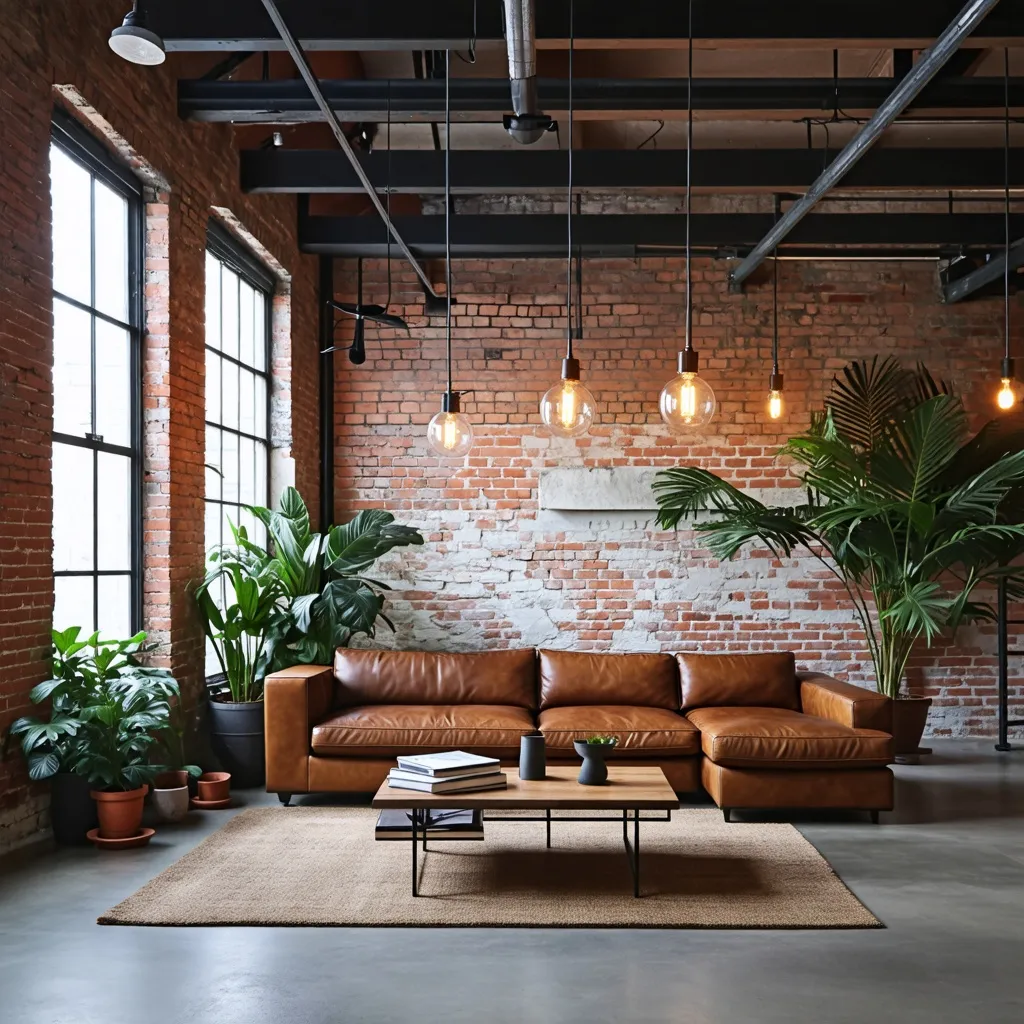 Espacio moderno y acogedor con detalles industriales y naturaleza.