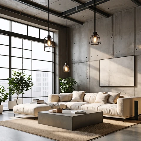 Espacio moderno y acogedor con muebles de diseño y detalles industriales.