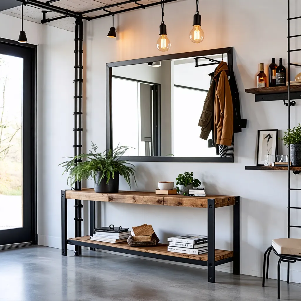 Espacio moderno y acogedor con muebles de madera y metal.
