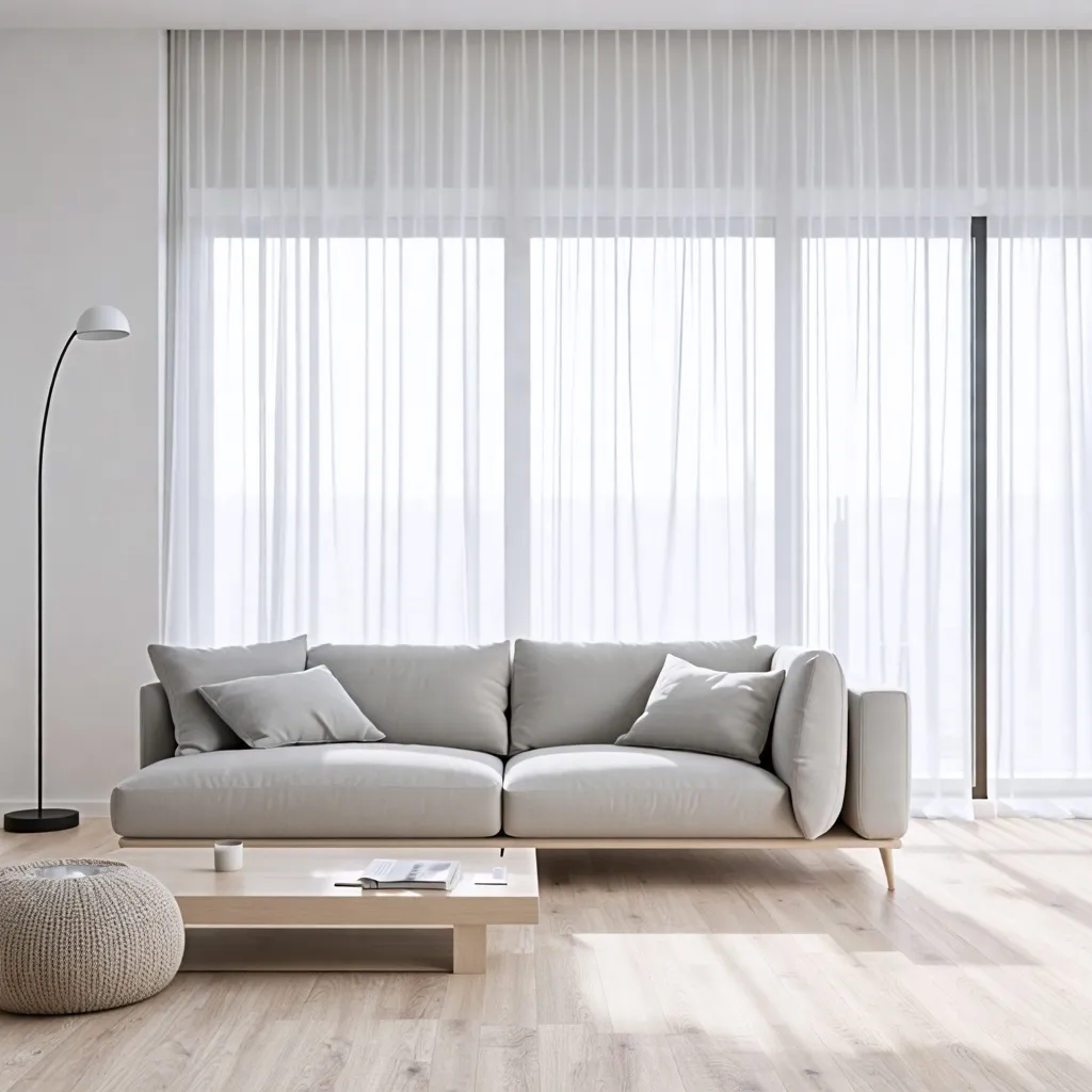 Espacio moderno y luminoso, sofá gris y acogedor.