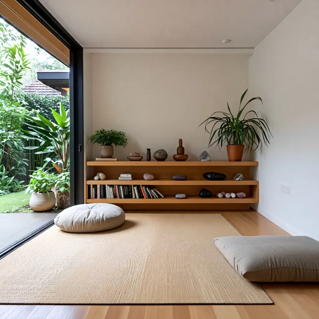 Espacio relajante con estantes de madera y plantas naturales.