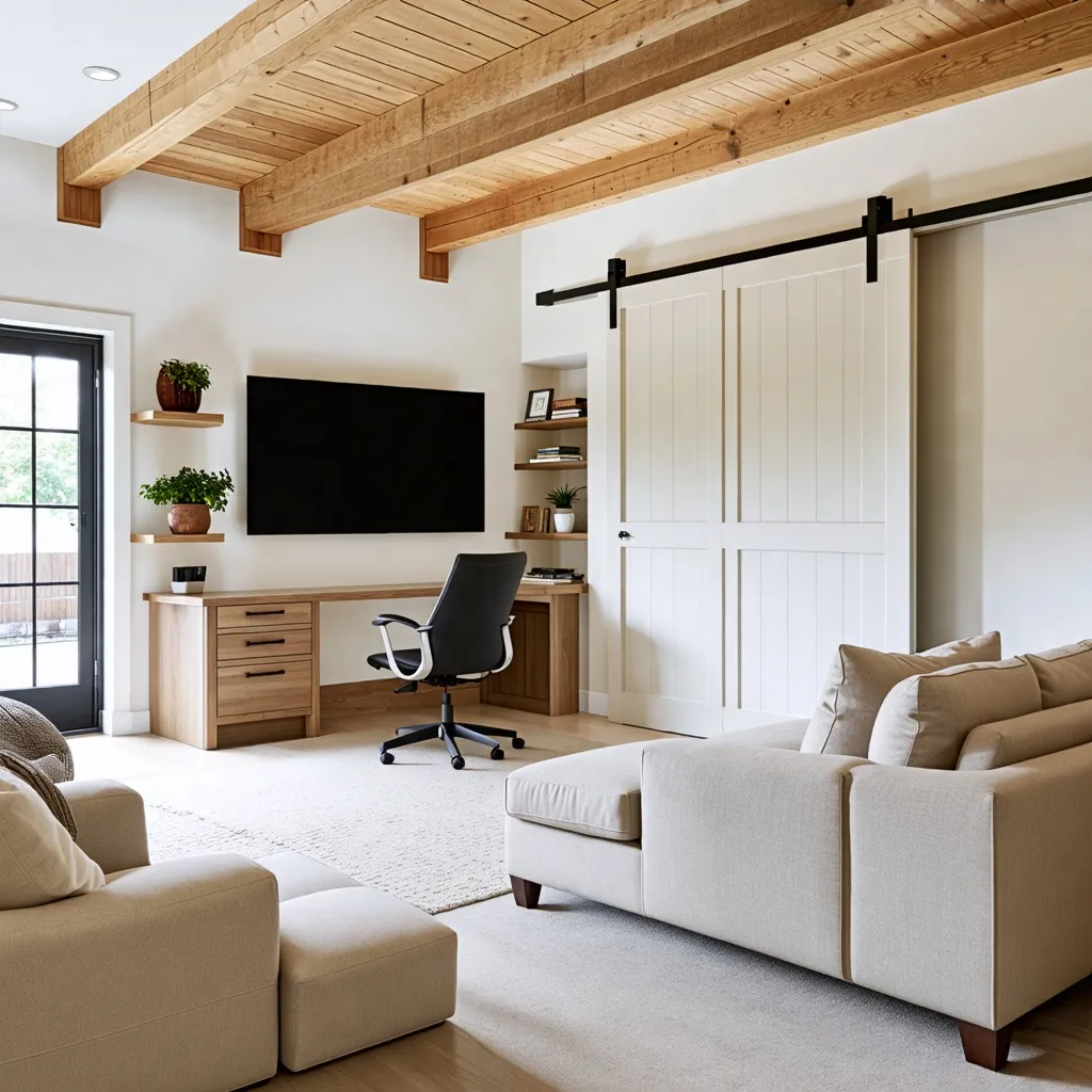 Espacio de trabajo acogedor y moderno con techo de madera.