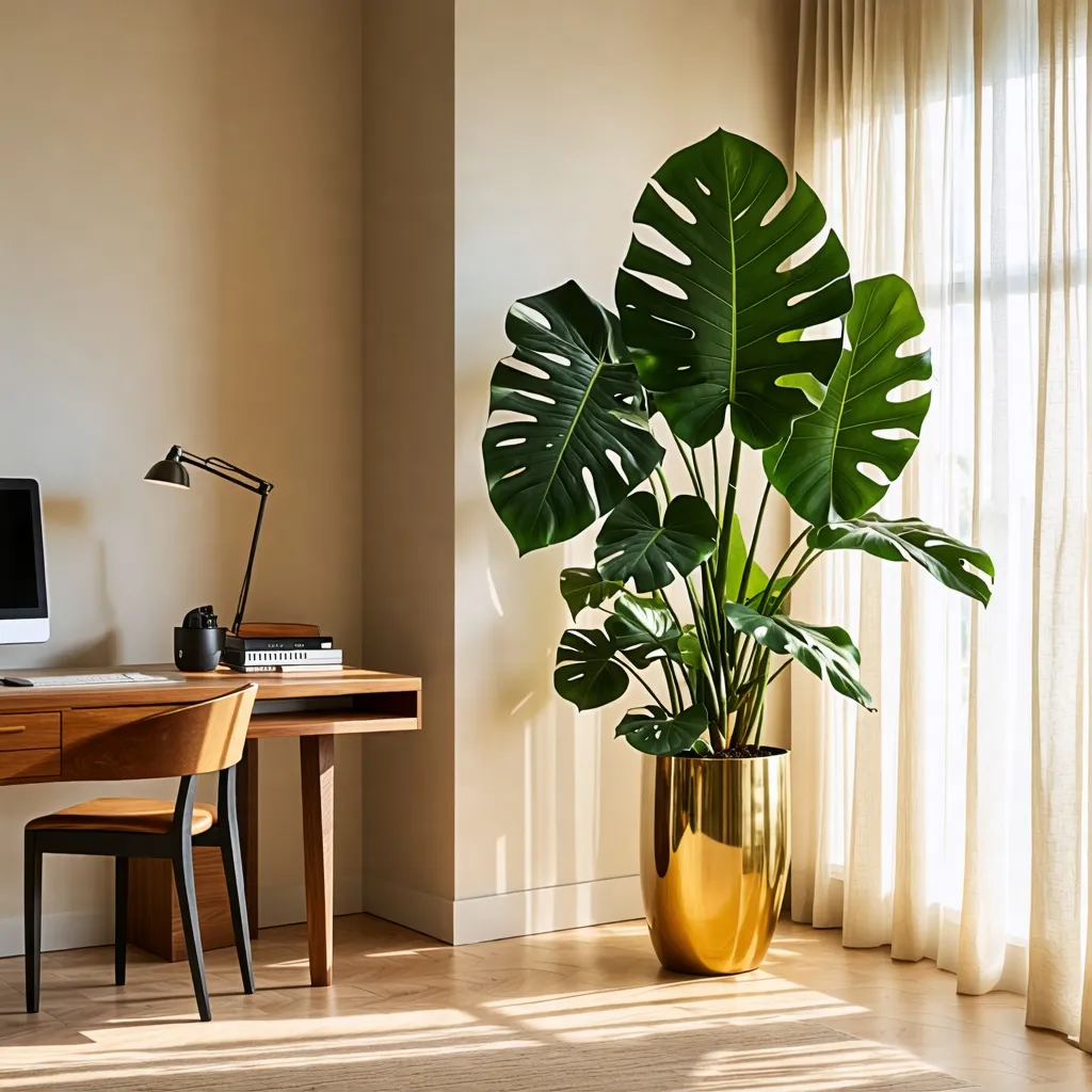 Espacio de trabajo acogedor con planta tropical en maceta dorada.