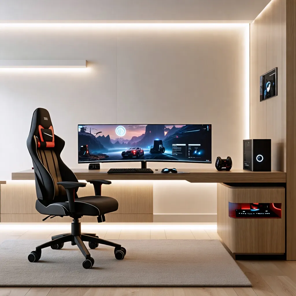 Espacio de trabajo gaming con pantalla panorámica y silla cómoda.