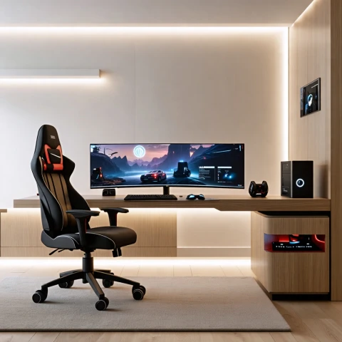 Espacio de trabajo gaming con pantalla panorámica y silla cómoda.