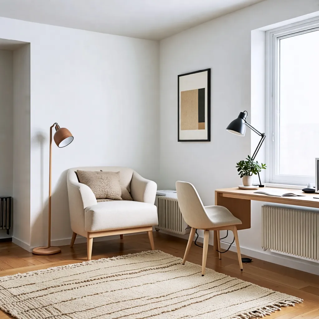 Espacio de trabajo minimalista y acogedor en tonos neutros.